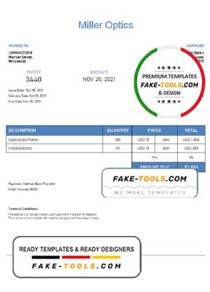 USA Miller Optics invoice template in Word and PDF format, fully editable