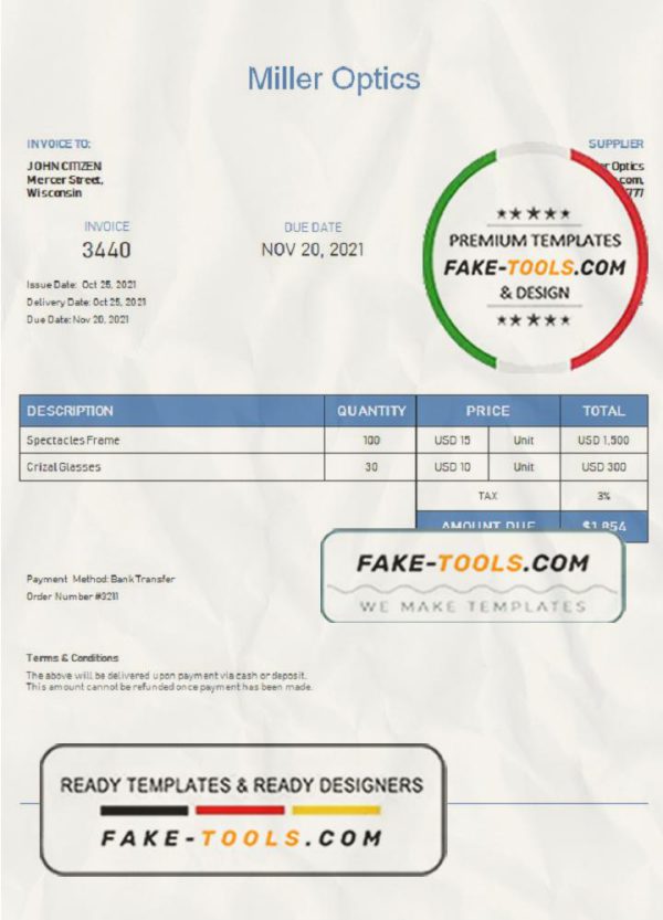 USA Miller Optics invoice template in Word and PDF format, fully editable scan effect