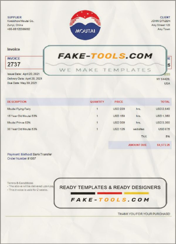 USA Moutai invoice template in Word and PDF format, fully editable scan effect