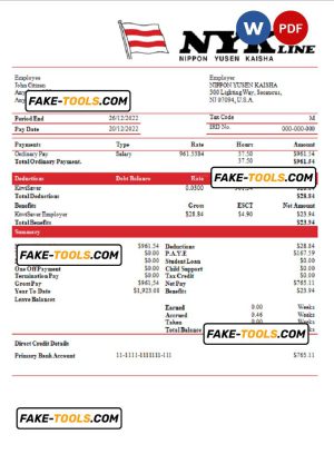 USA NIPPON YUSEN KAISHA shipping company pay stub Word and PDF template