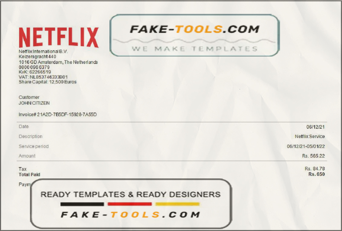 USA Netflix invoice template in Word and PDF format, fully editable scan effect