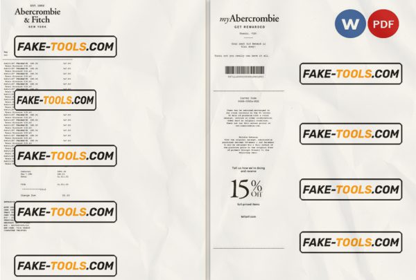 USA New York Abercrombie & Fitch payment check/receipt template Word and PDF template, fully editable scan effect
