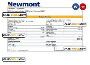 USA Newmont Corporation mining company pay stub Word and PDF template