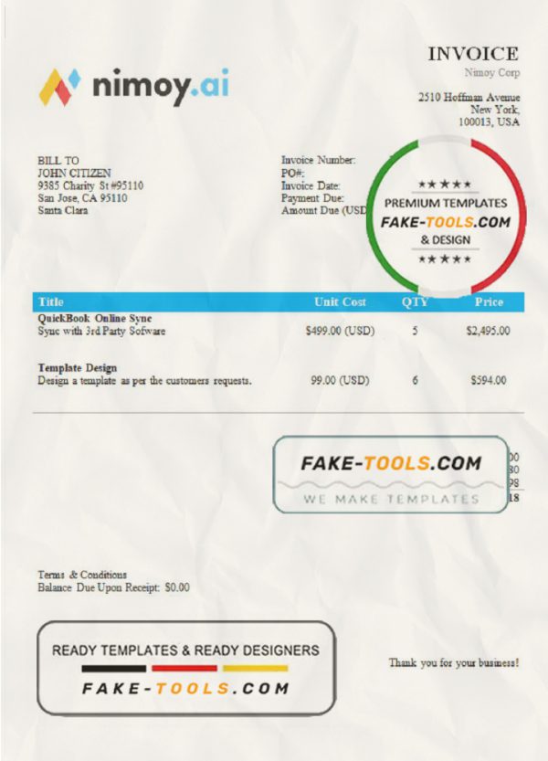 USA Nimoy Corp invoice template in Word and PDF format, fully editable scan effect