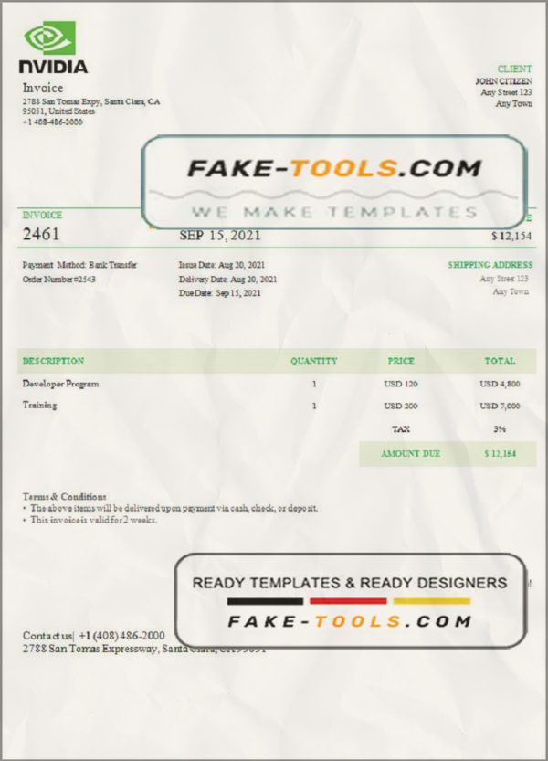 USA Nvidia invoice template in Word and PDF format, fully editable scan effect