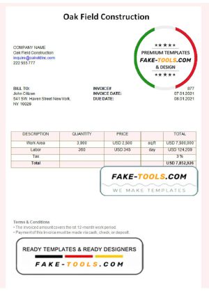 USA Oak Field Construction invoice template in Word and PDF format, fully editable