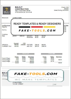 USA Ohio construction company earnings statement template in Word and PDF format