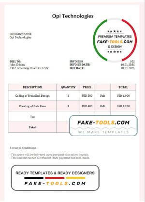 USA Opi Technologies invoice template in Word and PDF format, fully editable