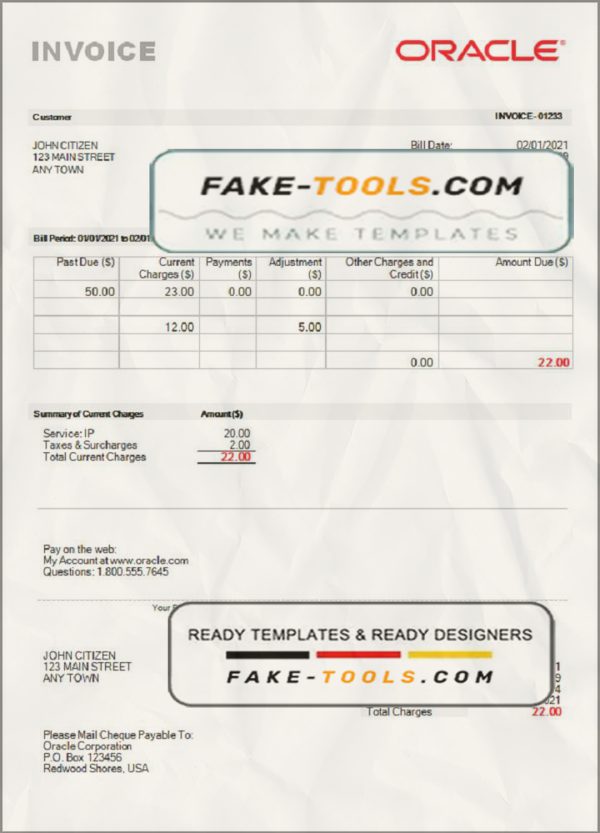 USA Oracle invoice template in Word and PDF format, fully editable scan effect
