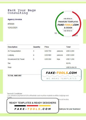 USA Pack Your Bags Consulting invoice template in Word and PDF format, fully editable