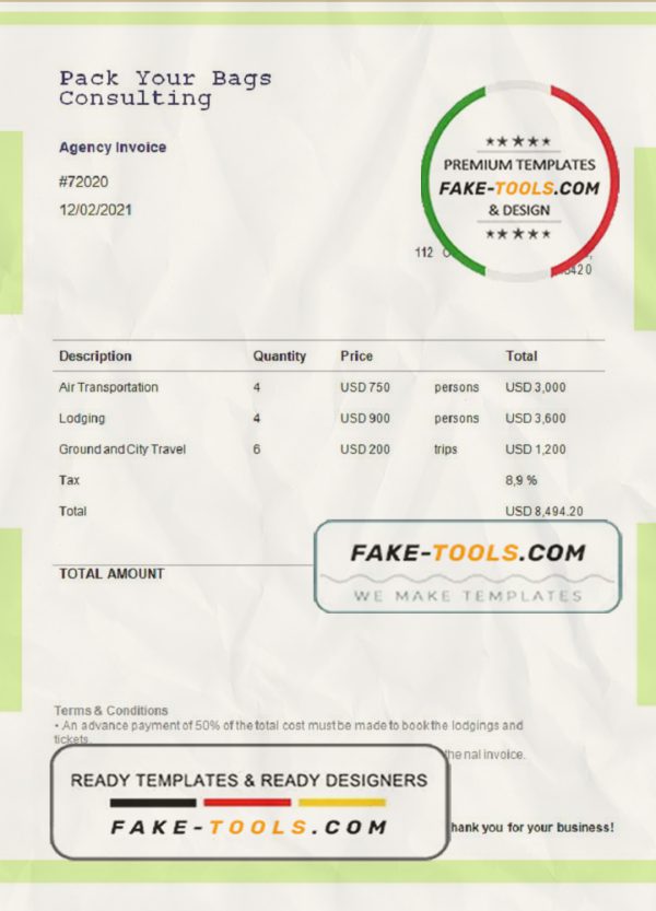 USA Pack Your Bags Consulting invoice template in Word and PDF format, fully editable scan effect