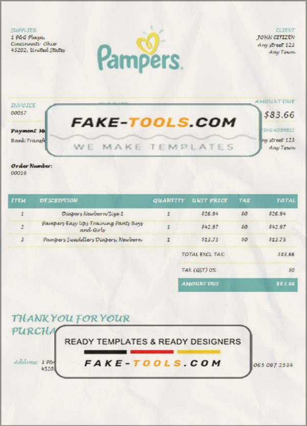 USA Pampers invoice template in Word and PDF format, fully editable scan effect
