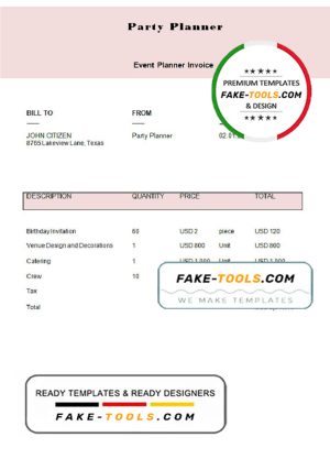 USA Party Planner invoice template in Word and PDF format, fully editable