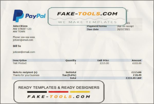 USA PayPal invoice template in Word and PDF format, fully editable scan effect