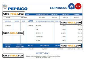 USA Pepsico Inc. drink producing company pay stub Word and PDF template