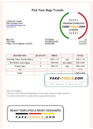 USA Pick Your Bags Travels invoice template in Word and PDF format, fully editable