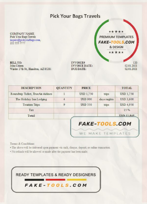 USA Pick Your Bags Travels invoice template in Word and PDF format, fully editable scan effect