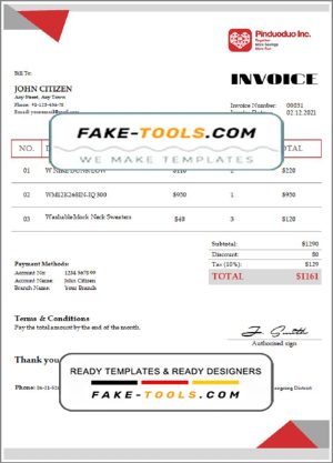 USA Pinduoduo invoice template in Word and PDF format, fully editable