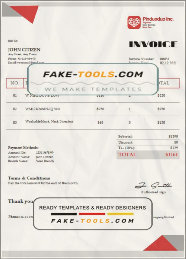 USA Pinduoduo invoice template in Word and PDF format, fully editable scan effect