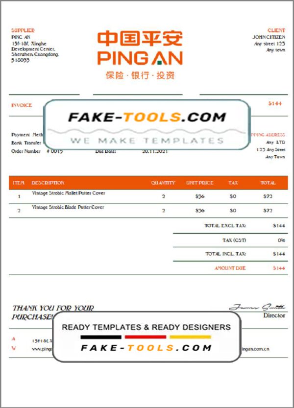 USA Ping An invoice template in Word and PDF (.doc and .pdf) format