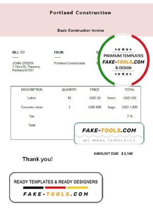 USA Portland Construction invoice template in Word and PDF format, fully editable