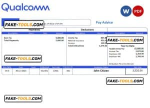 USA Qualcomm semiconductor company pay stub Word and PDF template