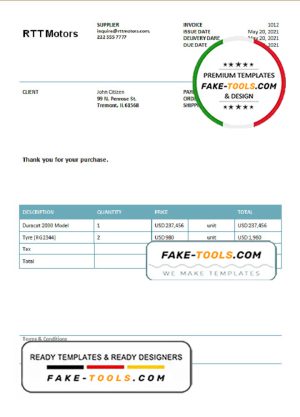 USA RTT Motors invoice template in Word and PDF format, fully editable