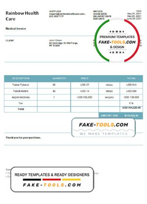 USA Rainbow Health Care invoice template in Word and PDF format, fully editable