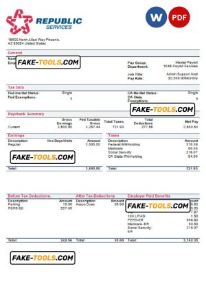 USA Republic Services waste management company pay stub Word and PDF template
