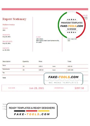 USA Rupert Stationary invoice template in Word and PDF format, fully editable