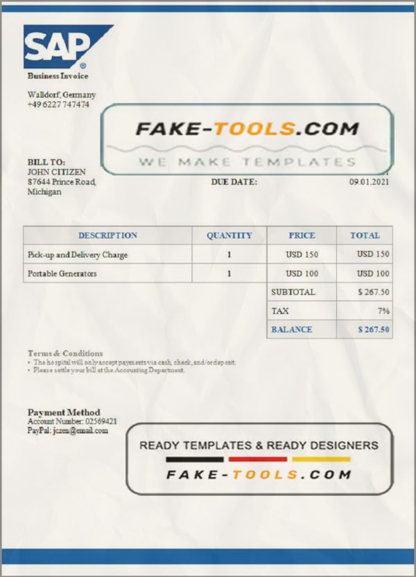 USA SAP invoice template in Word and PDF format, fully editable scan effect
