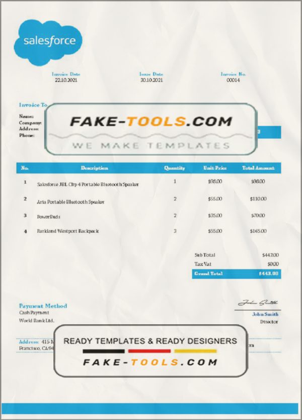 USA Salesforce invoice template in Word and PDF format, fully editable scan effect