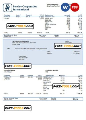 USA Service Corp. International consumer discretionary company pay stub Word and PDF template