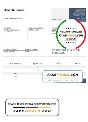 USA Sheryl N. London invoice template in Word and PDF format, fully editable
