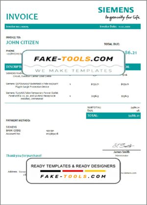 USA Siemens invoice template in Word and PDF format, fully editable