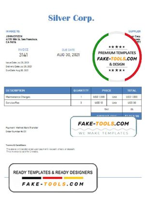 USA Silver Corp. invoice template in Word and PDF format, fully editable