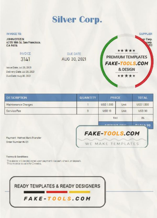 USA Silver Corp. invoice template in Word and PDF format, fully editable scan effect