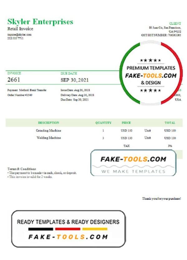 USA Skyler Enterprises invoice template in Word and PDF format, fully editable