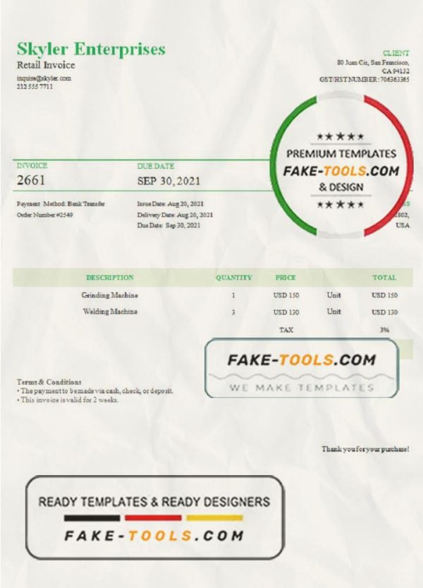 USA Skyler Enterprises invoice template in Word and PDF format, fully editable