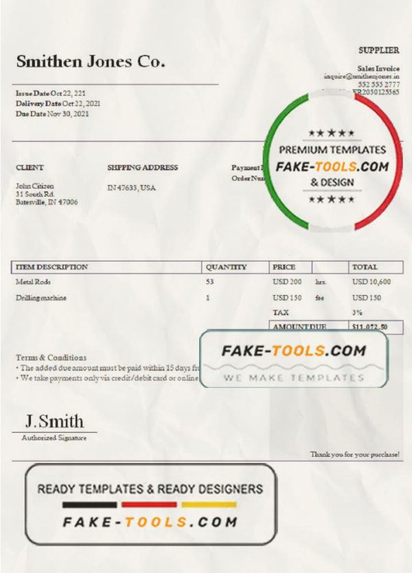 USA Smithen Jones Co. invoice template in Word and PDF format, fully editable scan effect