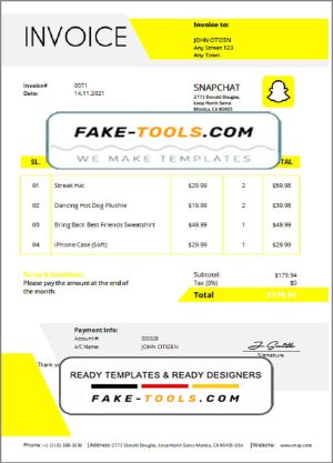 USA Snapchat invoice template in Word and PDF format, fully editable