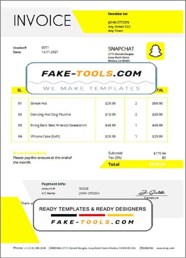 USA Snapchat invoice template in Word and PDF format, fully editable