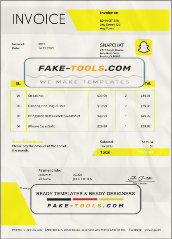 USA Snapchat invoice template in Word and PDF format, fully editable