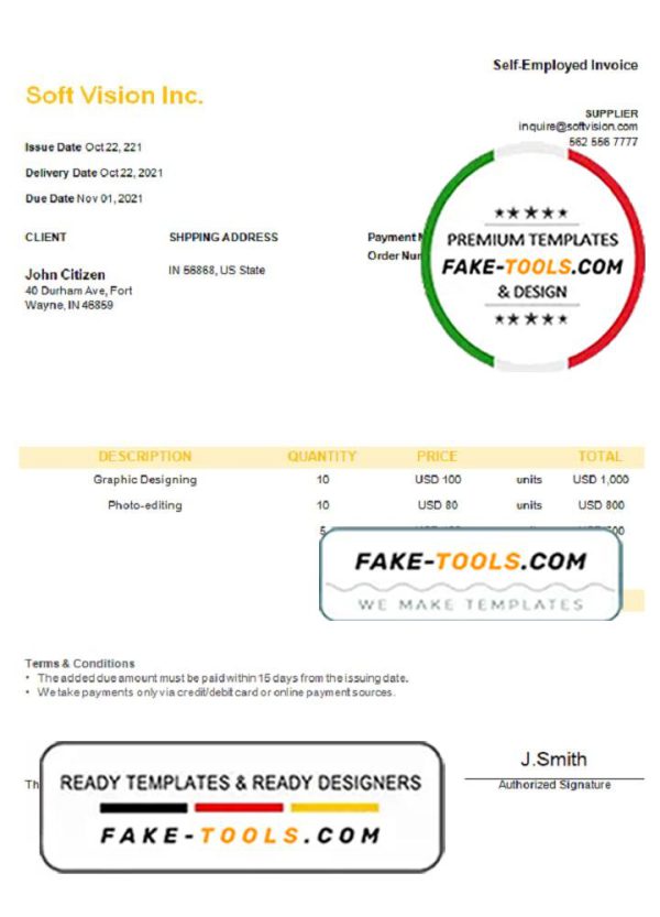 USA Soft Vision Inc. invoice template in Word and PDF format, fully editable
