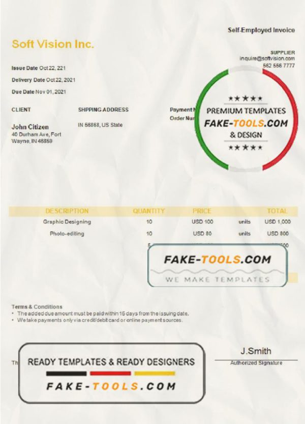 USA Soft Vision Inc. invoice template in Word and PDF format, fully editable scan effect
