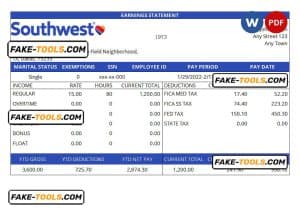 USA Southwest Airlines airlines company pay stub Word and PDF template