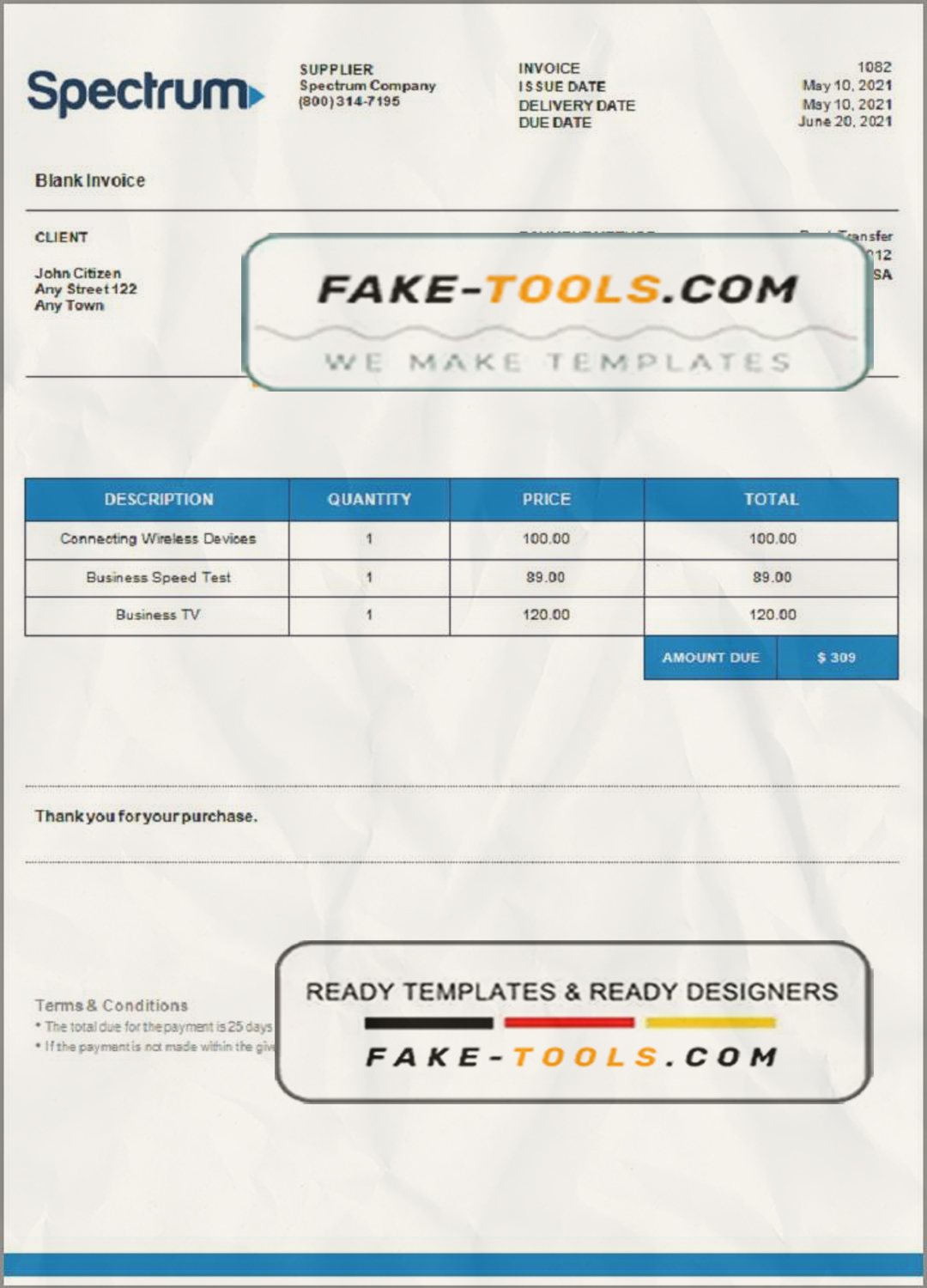 USA Spectrum invoice template in Word and PDF format, fully editable scan effect