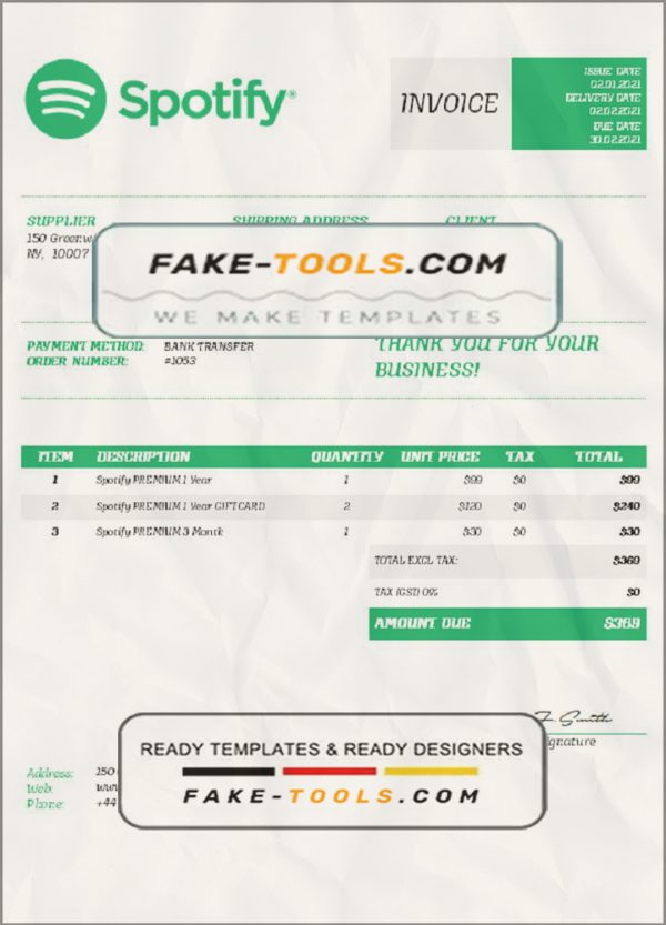 USA Spotify invoice template in Word and PDF format, fully editable scan effect