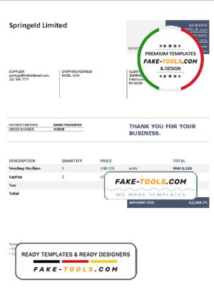 USA Springeld Limited invoice template in Word and PDF format, fully editable