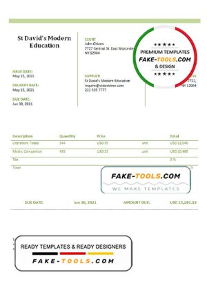 USA St David’s Modern Education invoice template in Word and PDF format, fully editable